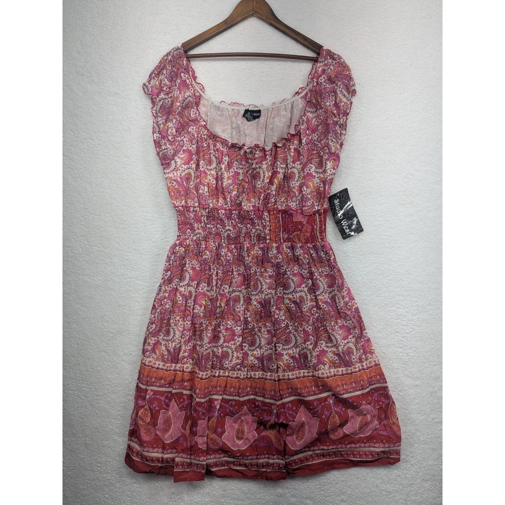 NWT Studio West Boho Red Orange Pink Paisley Short Maxi Dress L
